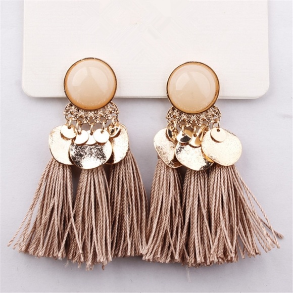 Moonstone Boho Gold Tassel Earrings - Picture 2 of 8